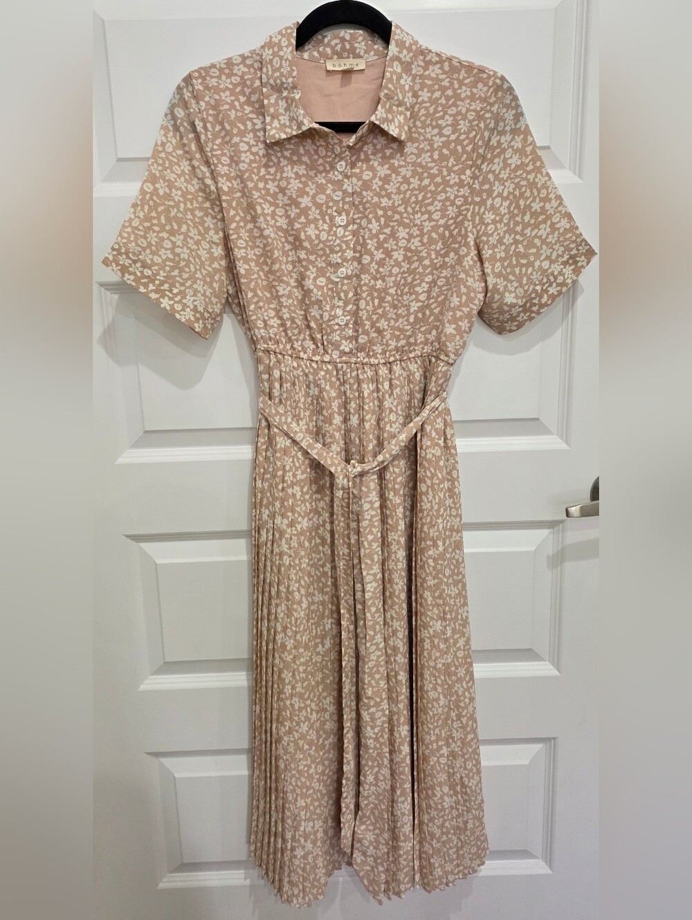 bohme Blush Floral Short-Sleeve Belted Midi Dress